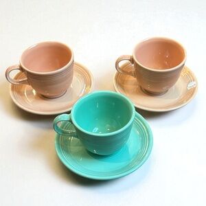 Vintage Fiesta Fiestaware Green & Peach Cup & Saucer Set of 3